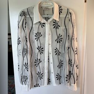 Black and White Sheer, Embroidered Blouse- Seven Wonders- Size Medium